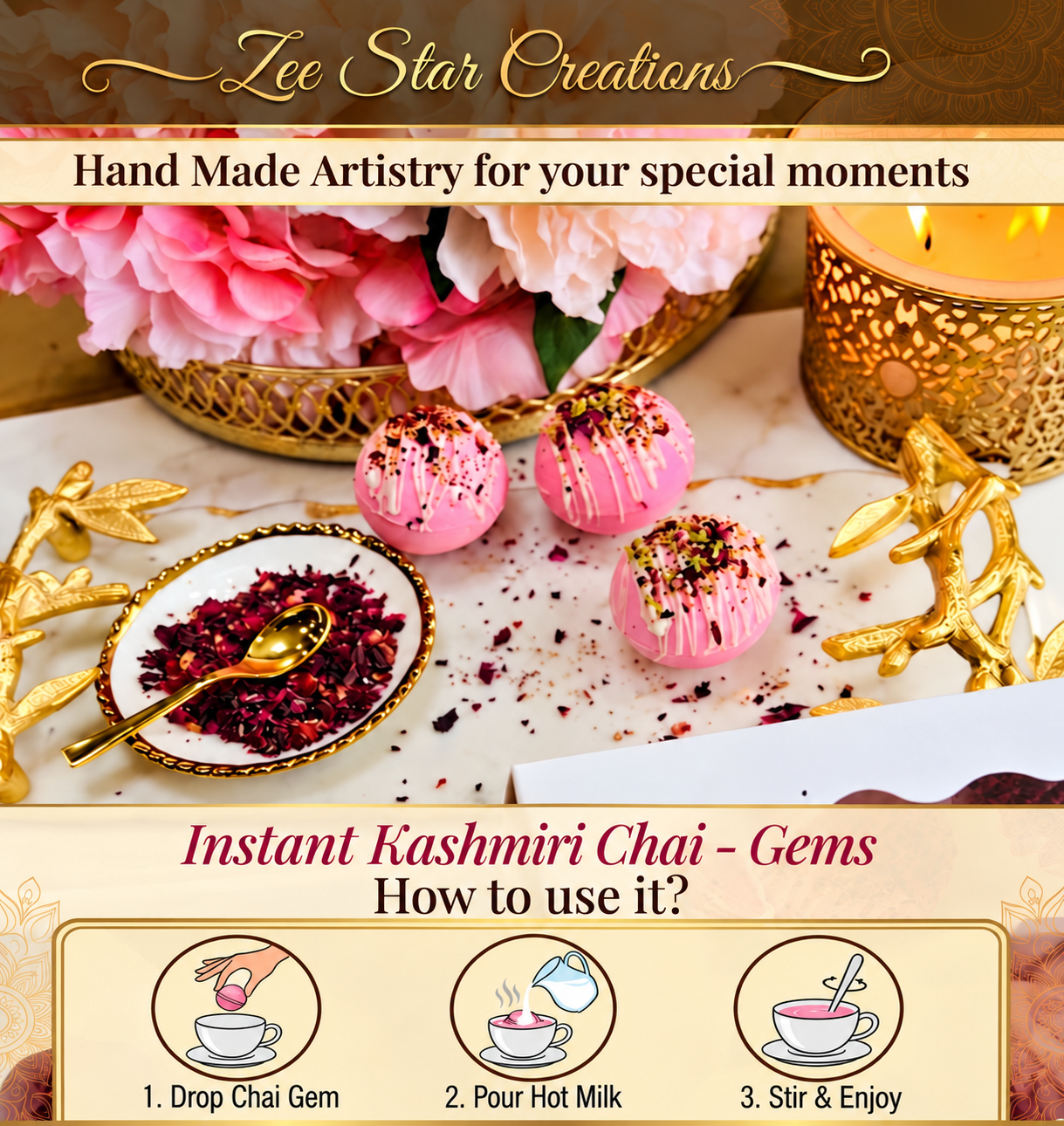 Instant Kashmiri Chai Gems preparation guide showing one Gem, hot milk, stir, and enjoy.