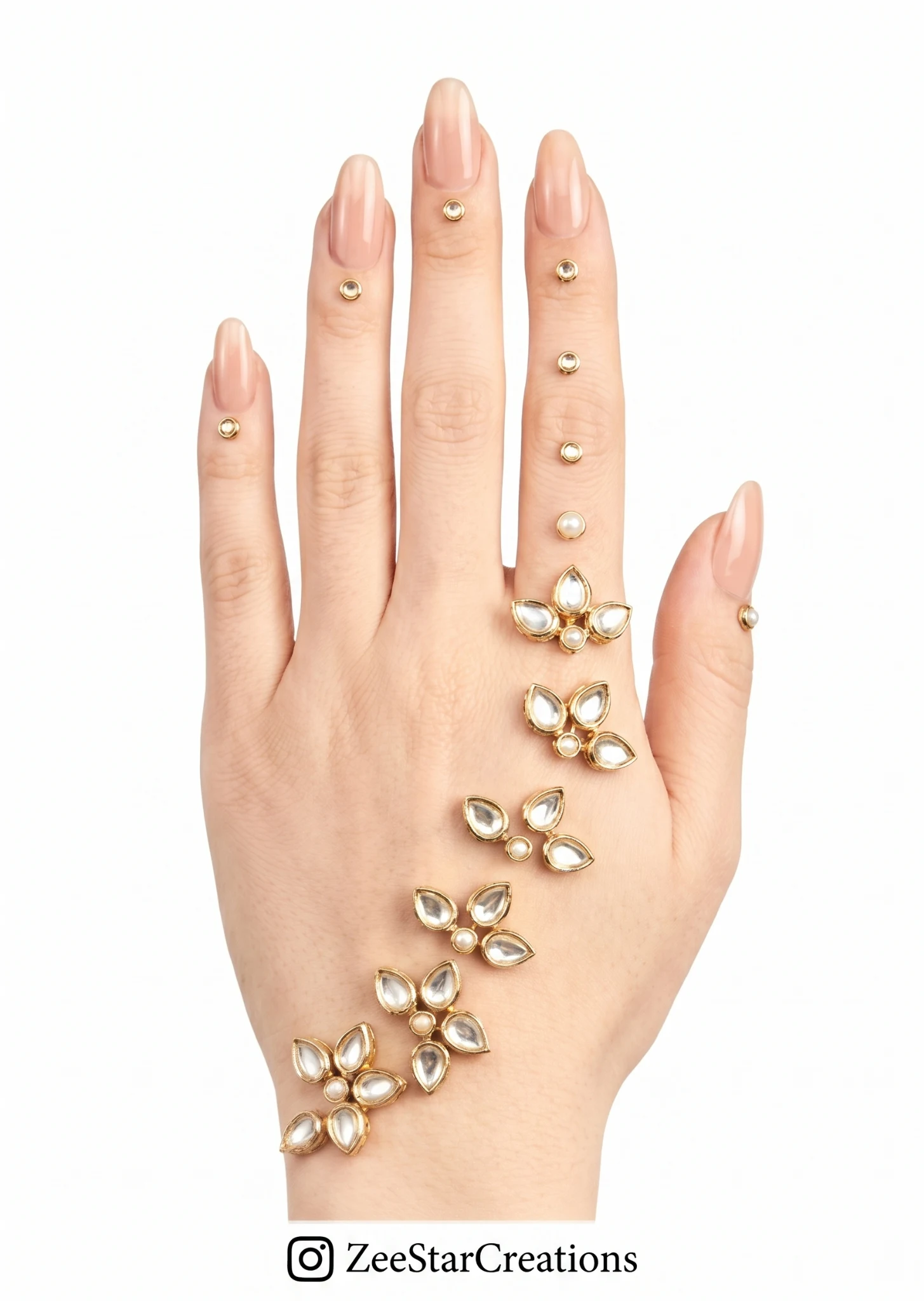 Floral Kundan Mehendi hand adornment by Zee Star Creations.