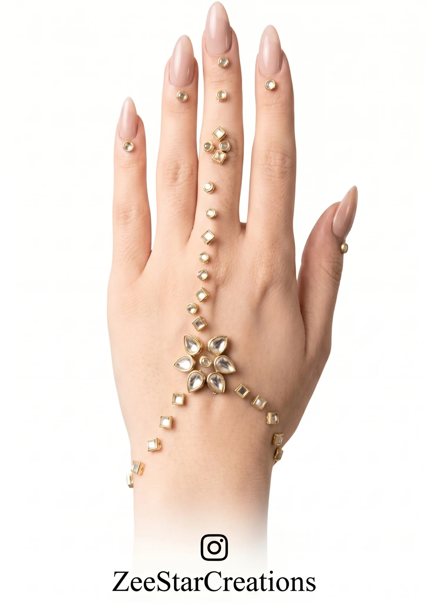 Kundan Mehendi jeweled hand adornment by Zee Star Creations.