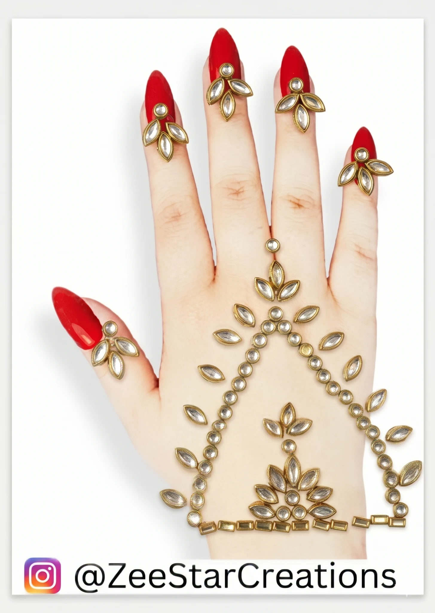 Statement Kundan Mehendi hand adornment by Zee Star Creations.